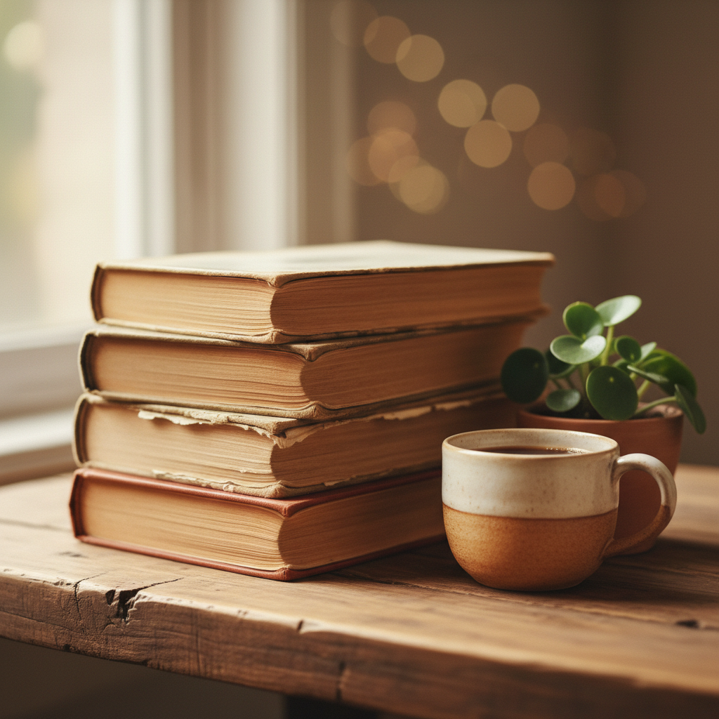 A stack of psychology and Gestalt therapy books on a natural wood surface