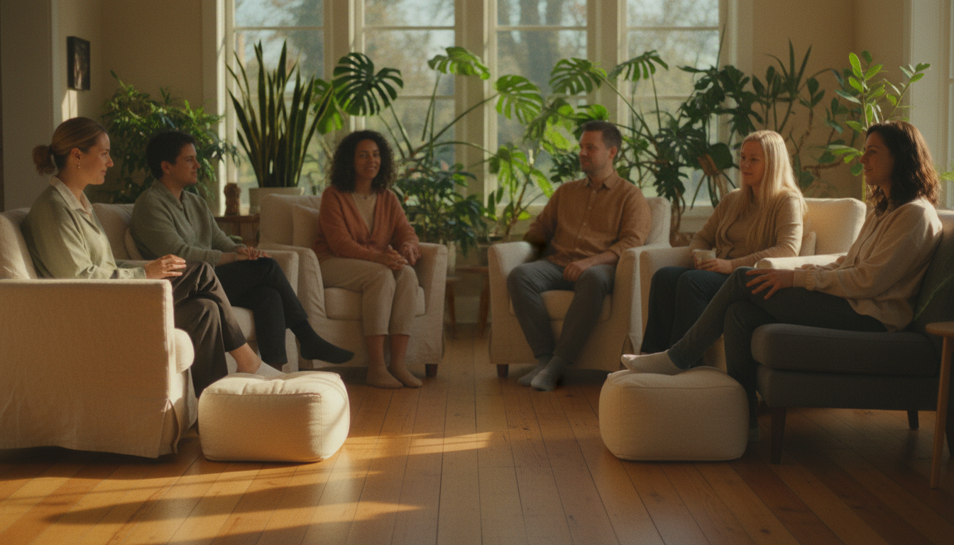 A group of diverse people sitting in a natural circle in a warm, comfortable room