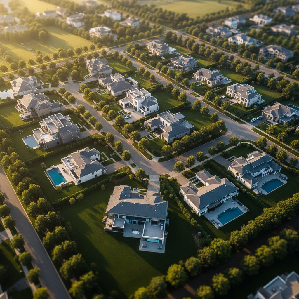 Aerial view of a master-planned luxury residential estate at golden hour