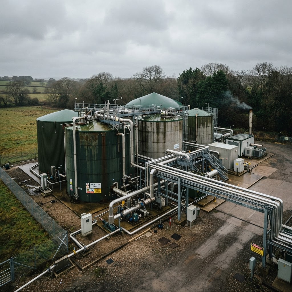 Industrial fuel storage and biogas processing infrastructure