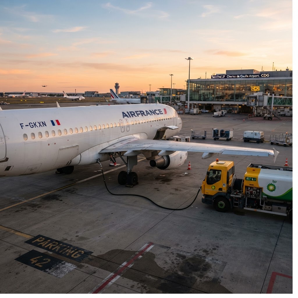 Aircraft on stand being refuelled at an airport
