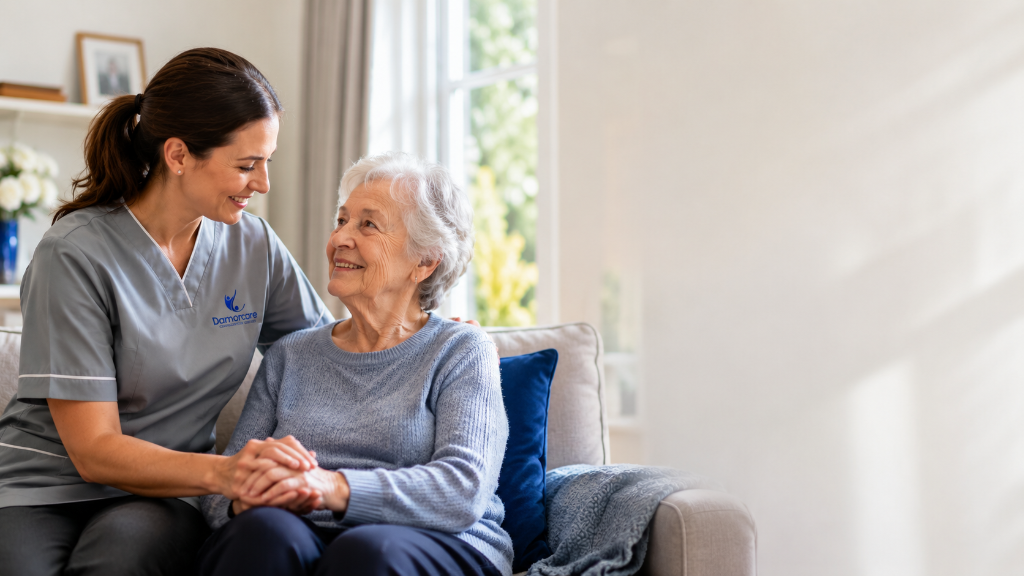 Damorcare carer with elderly woman in bed