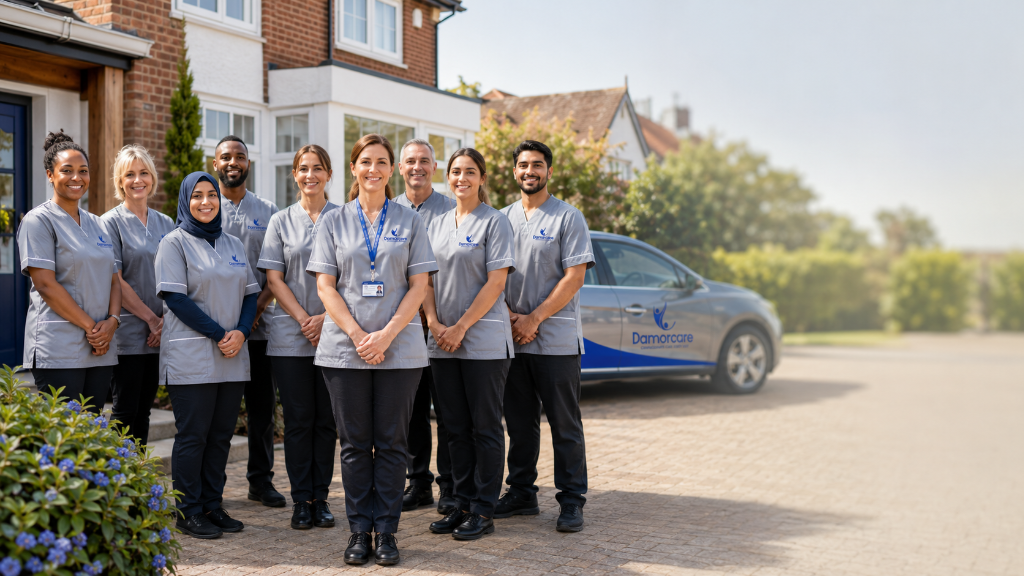Damorcare carer with branded uniform with client in garden
