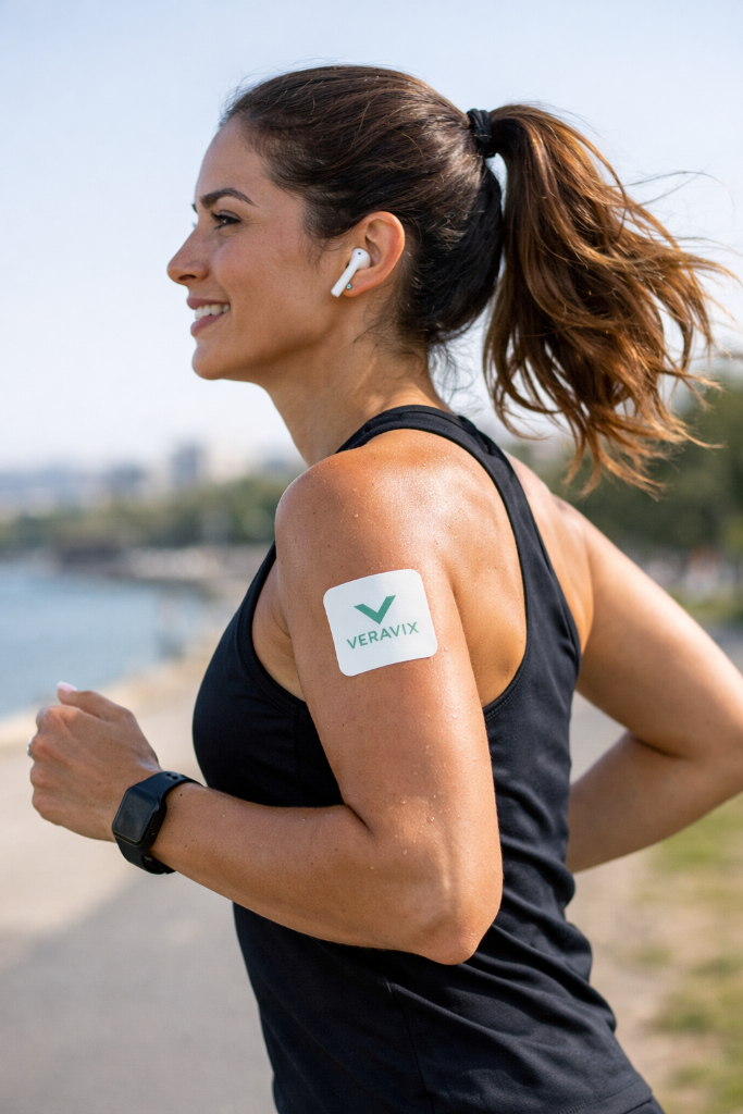 Woman running with Veravix patch on her arm