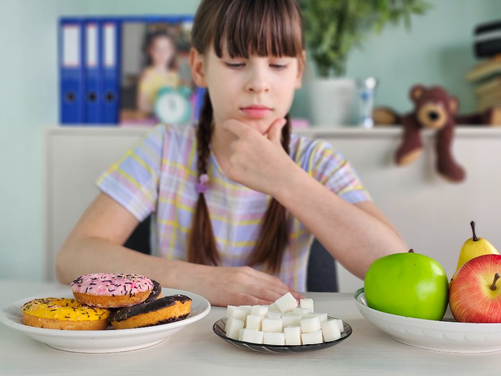 Mädchen wählt zwischen Donuts und Obst
