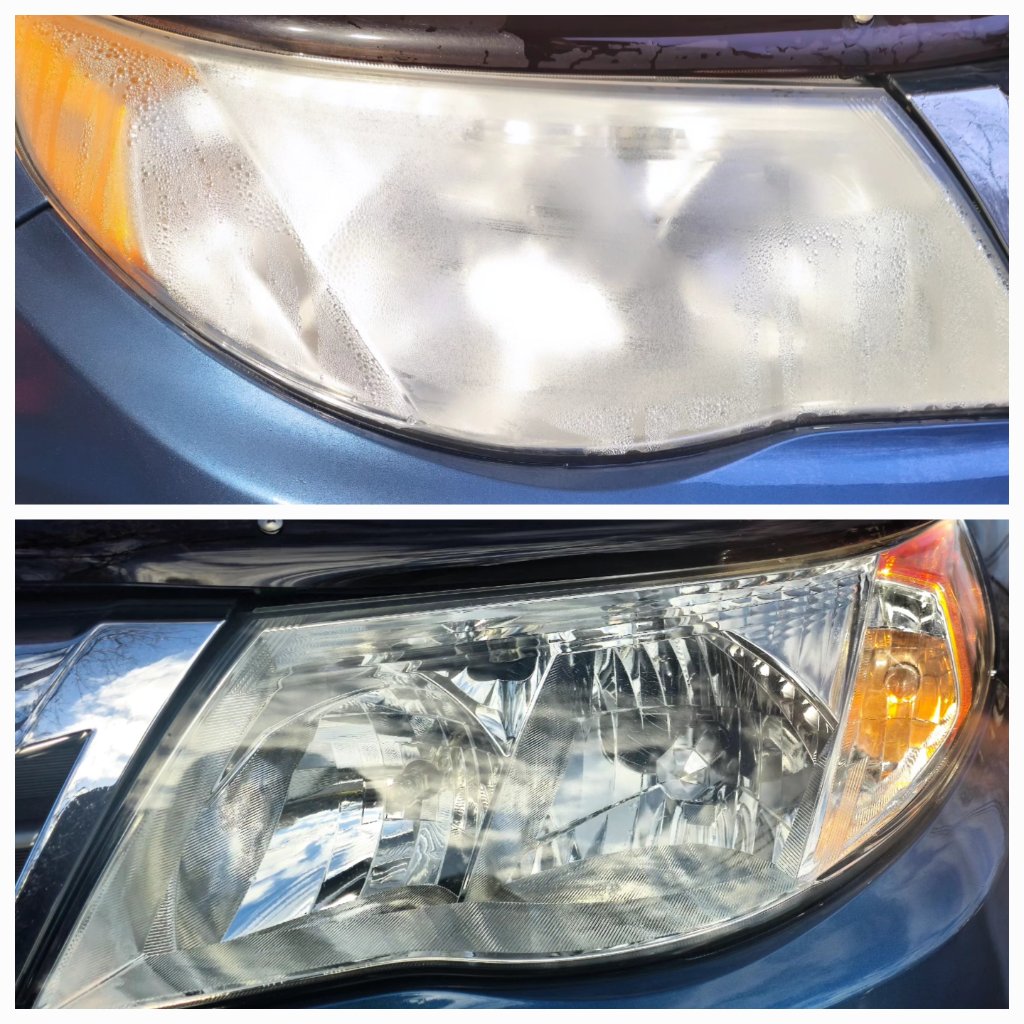 Headlight restoration before and after — oxidized lens restored to clear
