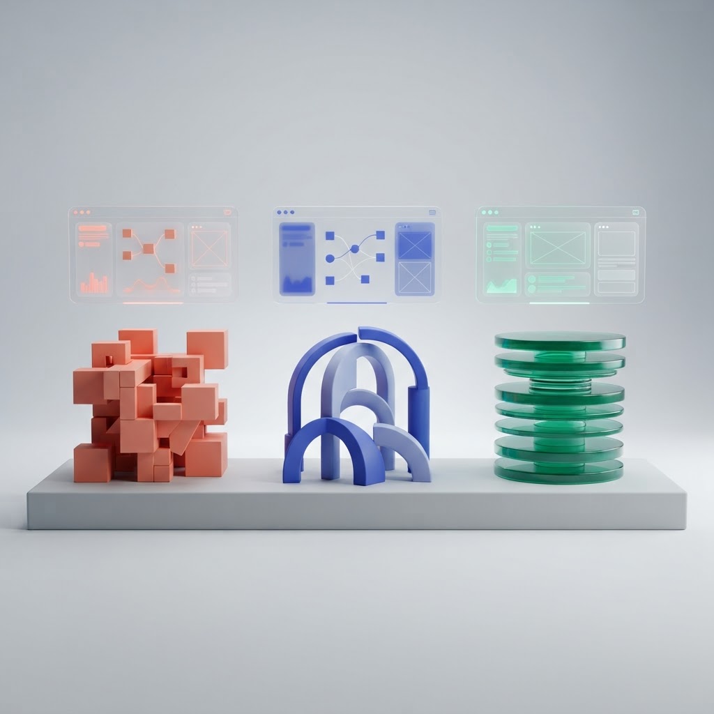 AI-generated illustration of three different modular structures representing app-building approaches