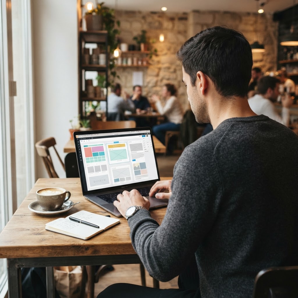 Entrepreneur building a website on a laptop in a café