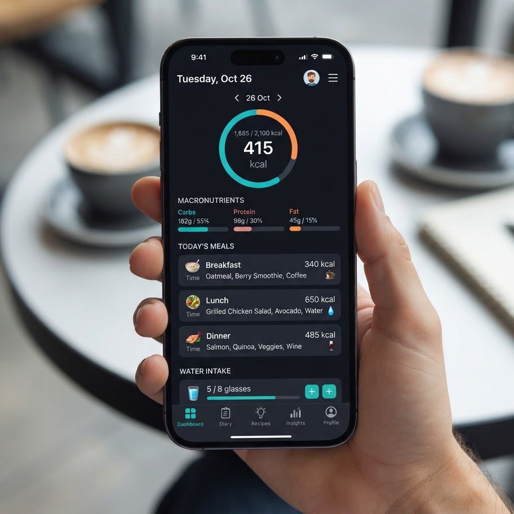 Lovable platform interface showing a calorie tracking app dashboard with daily intake goals and a food log