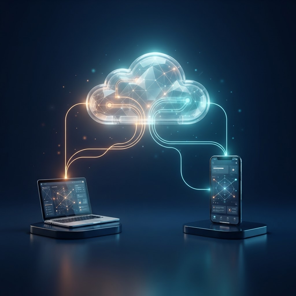 AI-generated illustration of cloud deployment branching to a laptop and smartphone