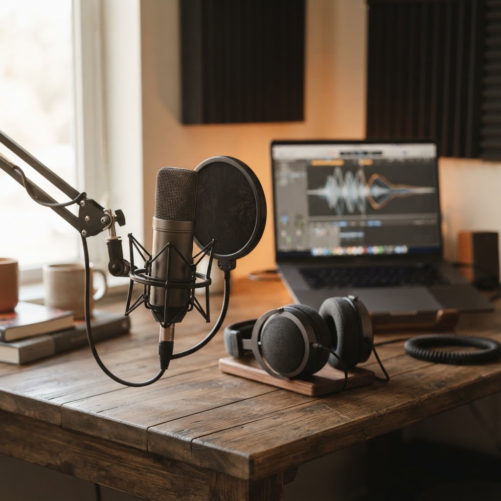 Illustrative AI-generated recording studio with a microphone, headphones, and laptop