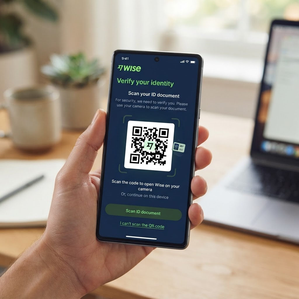 Wise identity verification screen with QR code prompt for scanning ID on a phone