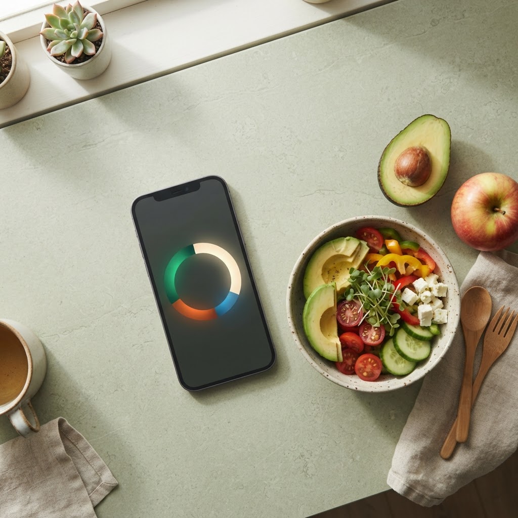 AI-generated illustration of a nutrition-tracking phone beside fresh food