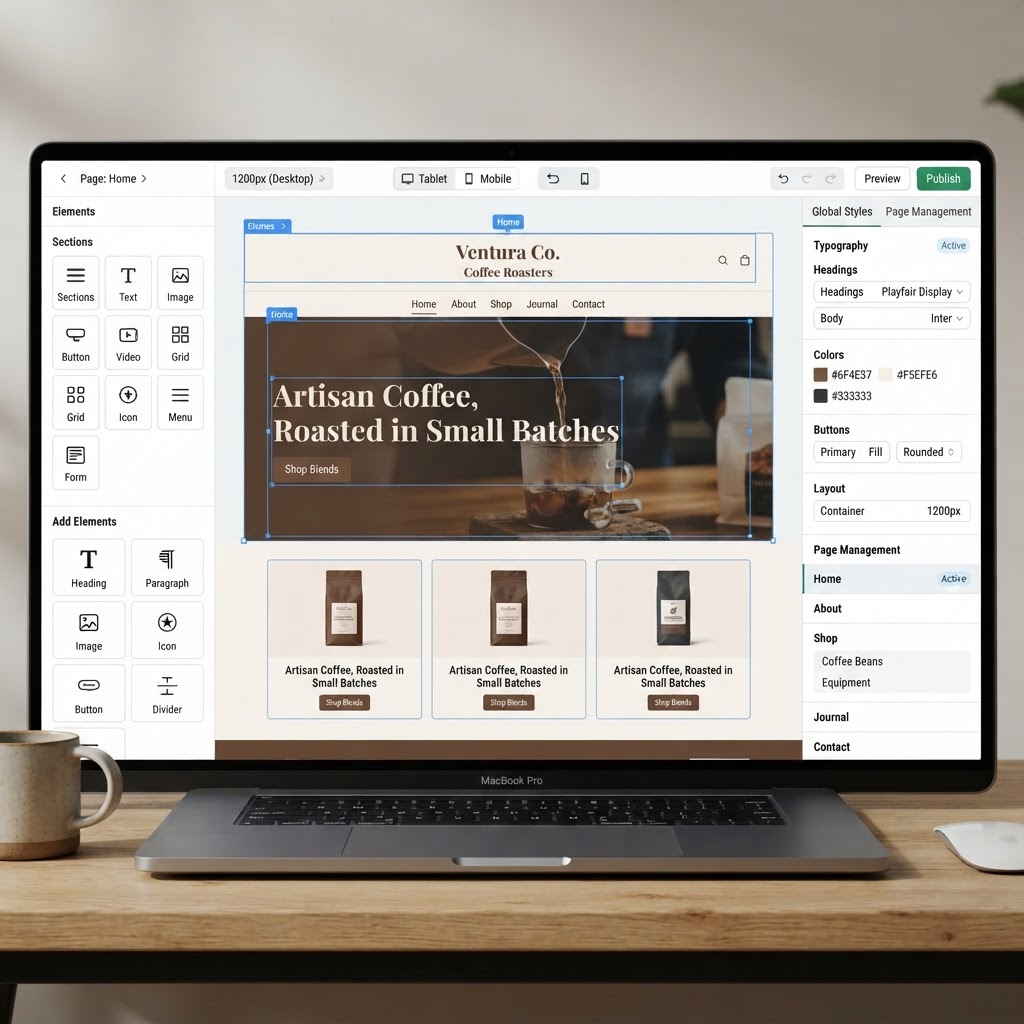 SiteGround website editor with page sections and global style controls.