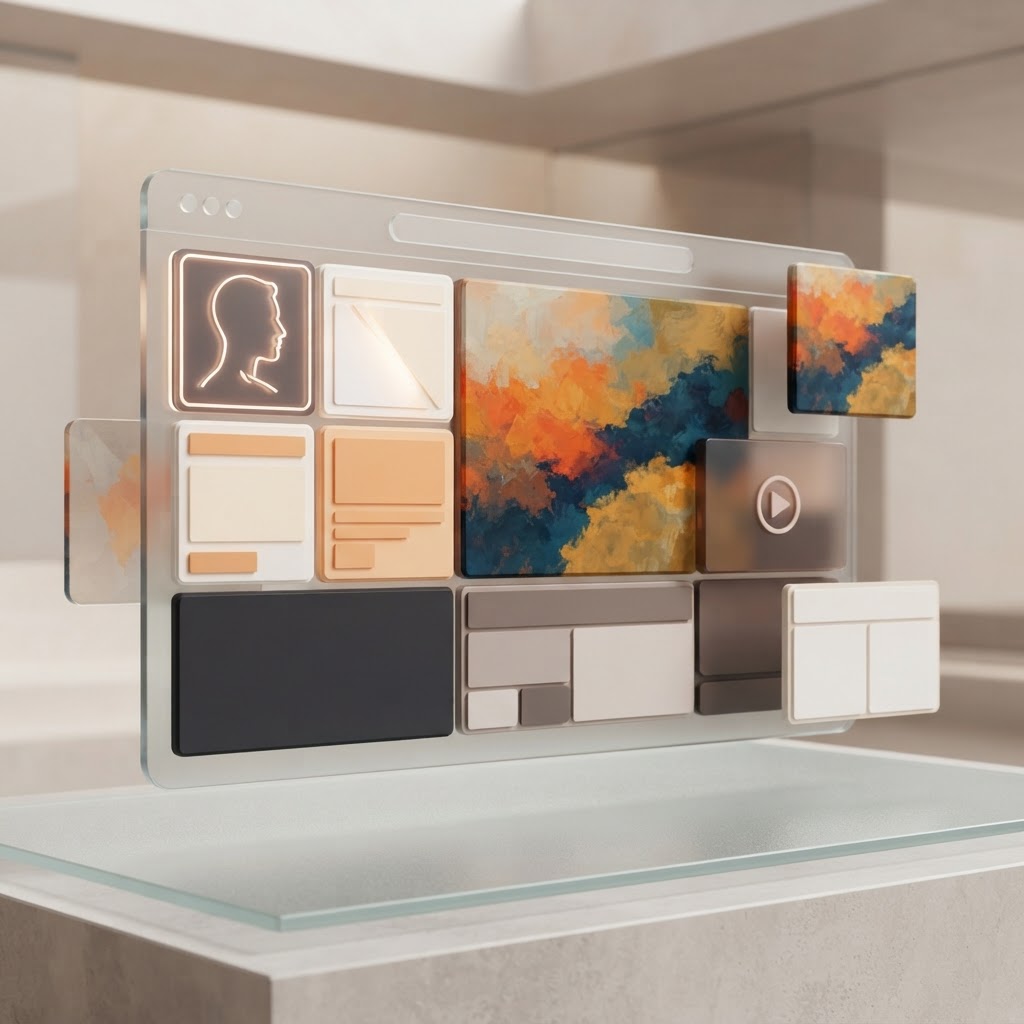 AI-generated illustration of a website assembled from modular content panels