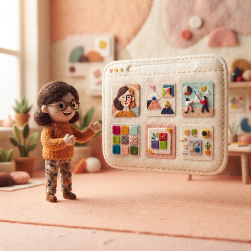 AI-generated illustration of a felt character beside a portfolio layout