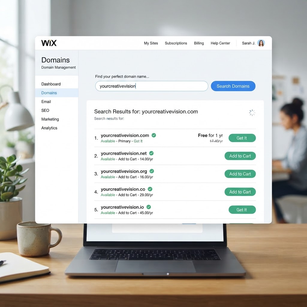 Wix domain search interface with availability results and alternative domain suggestions.