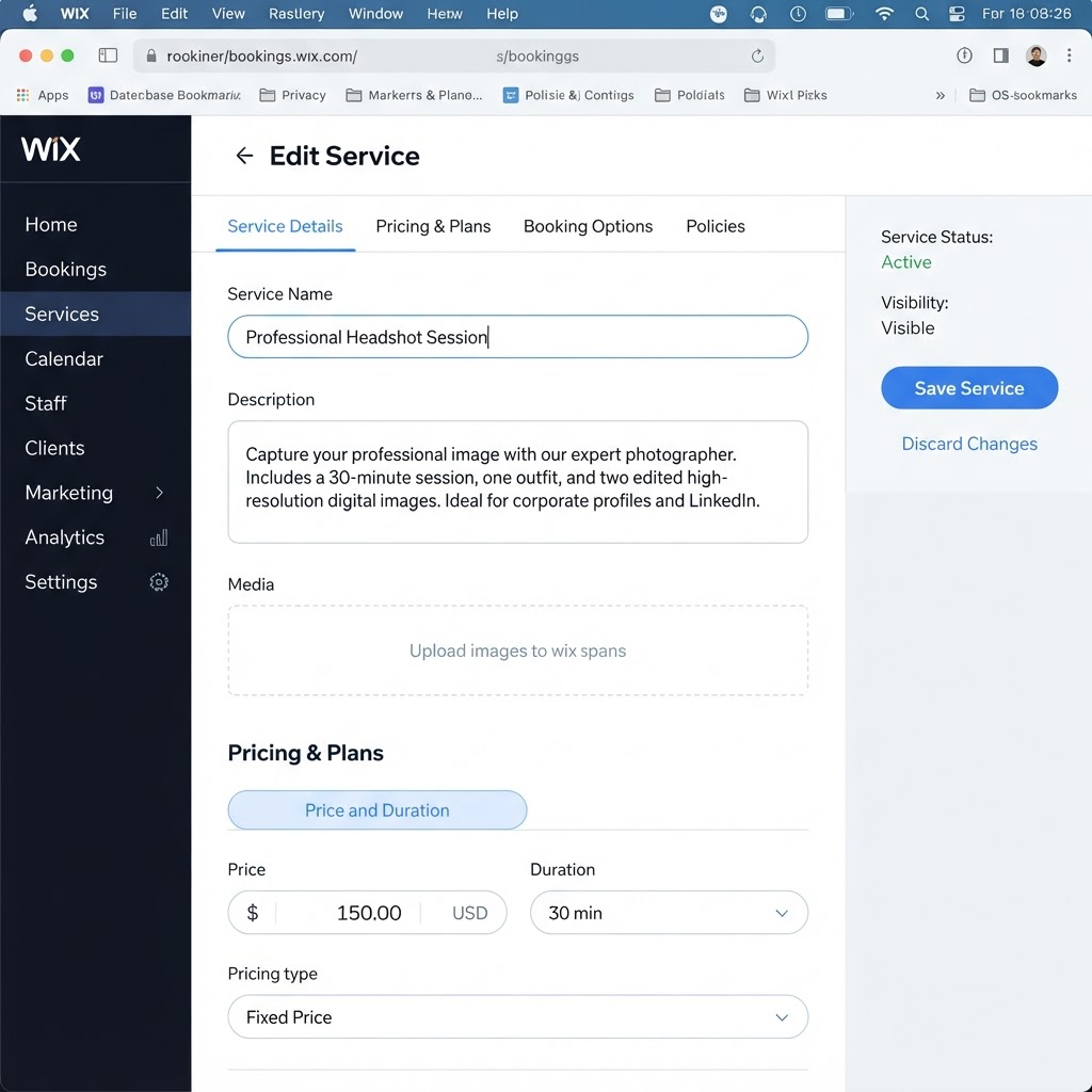 Wix service editor showing fields for service name, image, duration, buffer time, price, and location