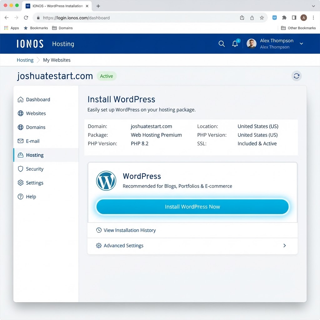 Ionos managed WordPress installation progress screen with launch button visible