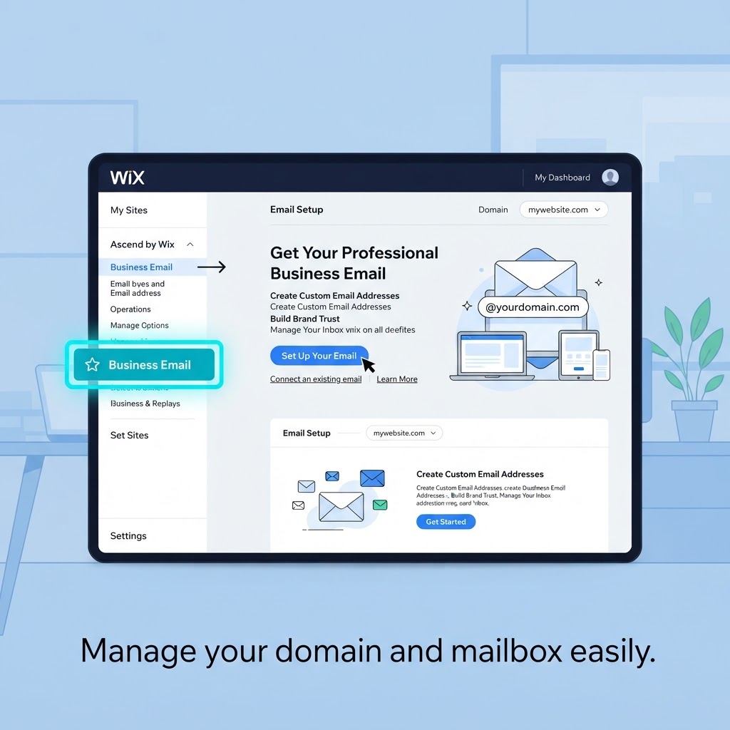 Wix dashboard Settings panel showing the Business Email configuration option