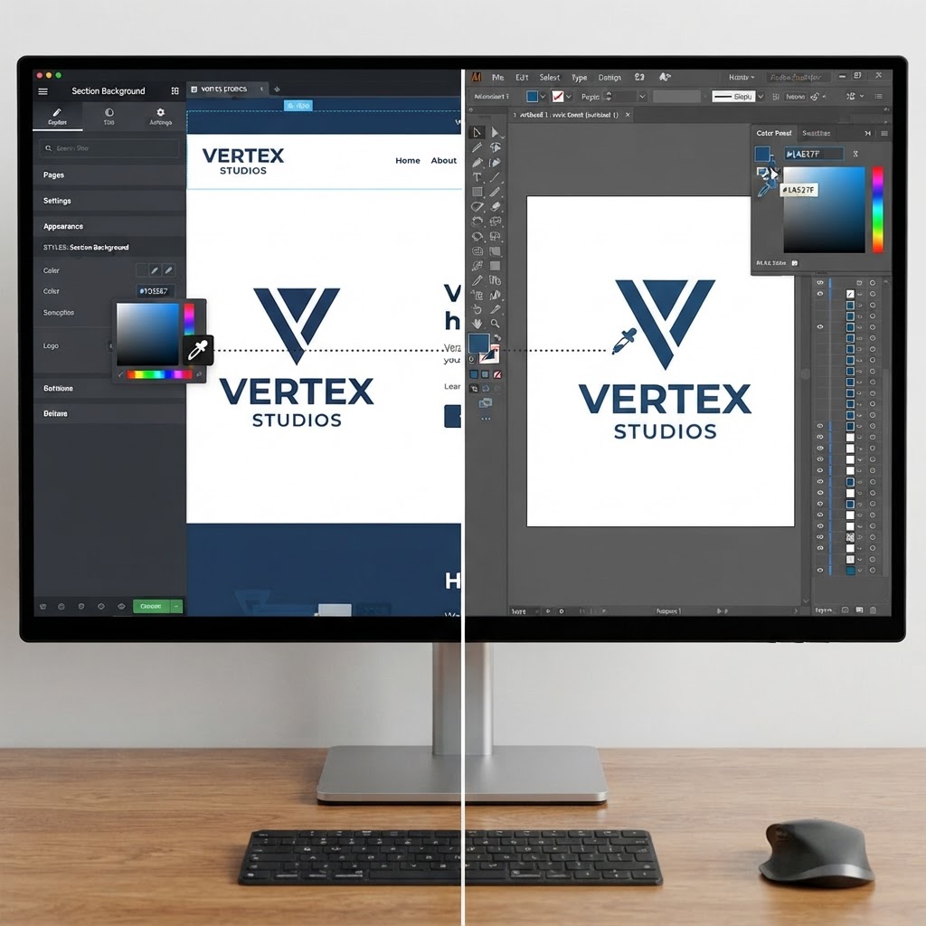 Canva color picker with a hex code being entered to match a Wix website's brand color