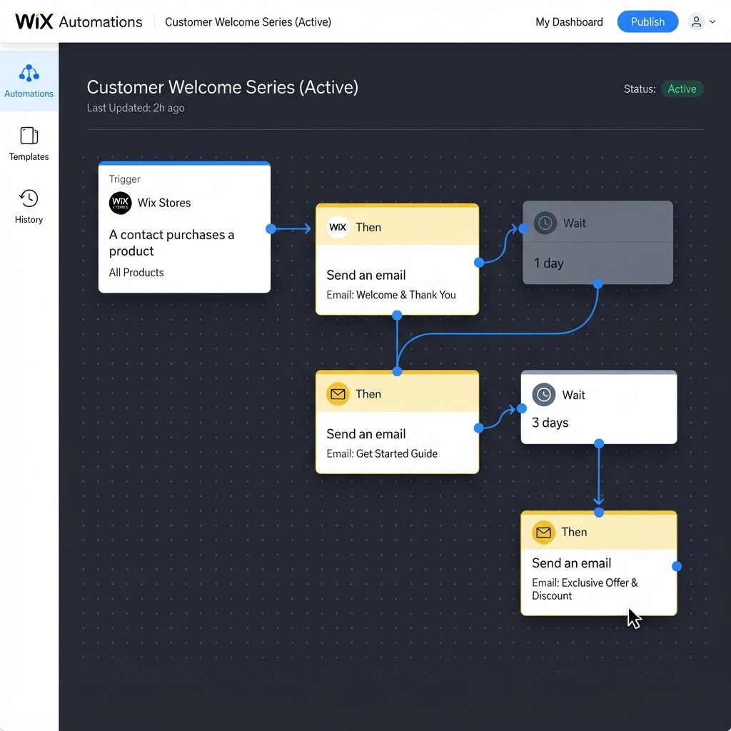 Flow-style Wix automation with email steps and delays