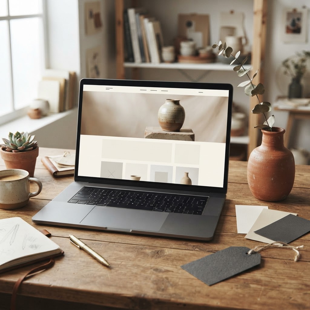 AI-generated illustration of a pottery-shop website concept and design materials