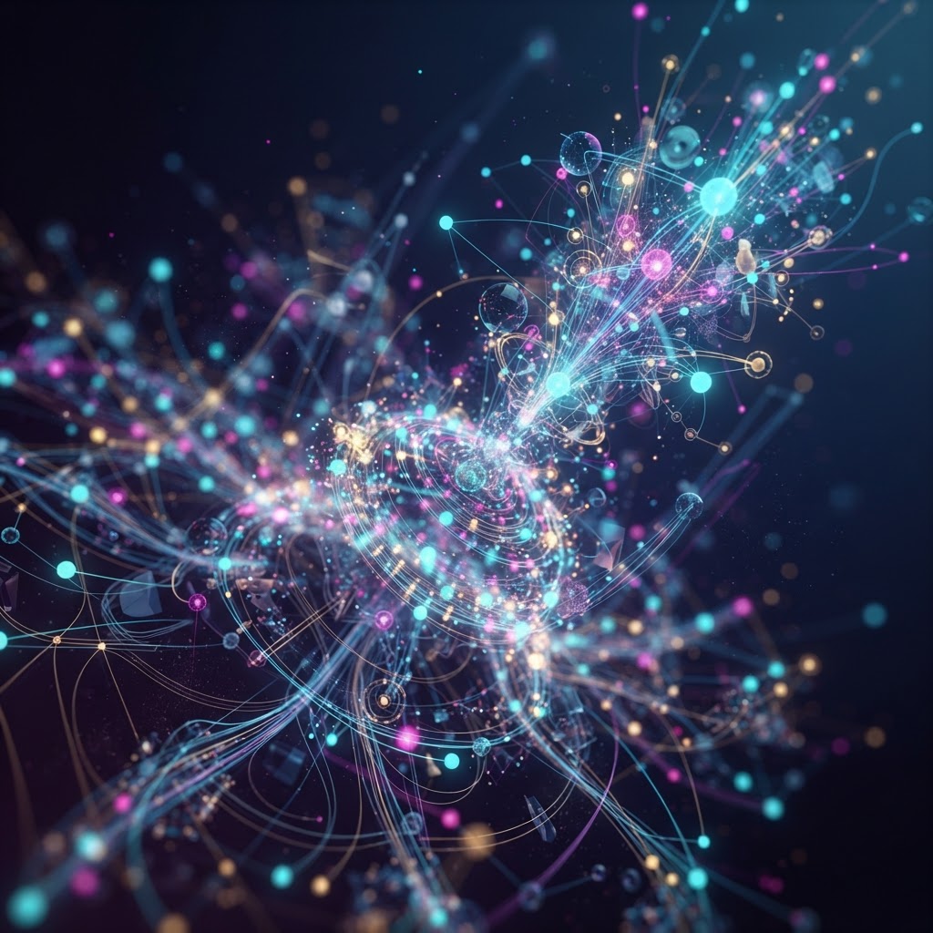 A vibrant, abstract visualization of digital growth and interconnected marketing data nodes