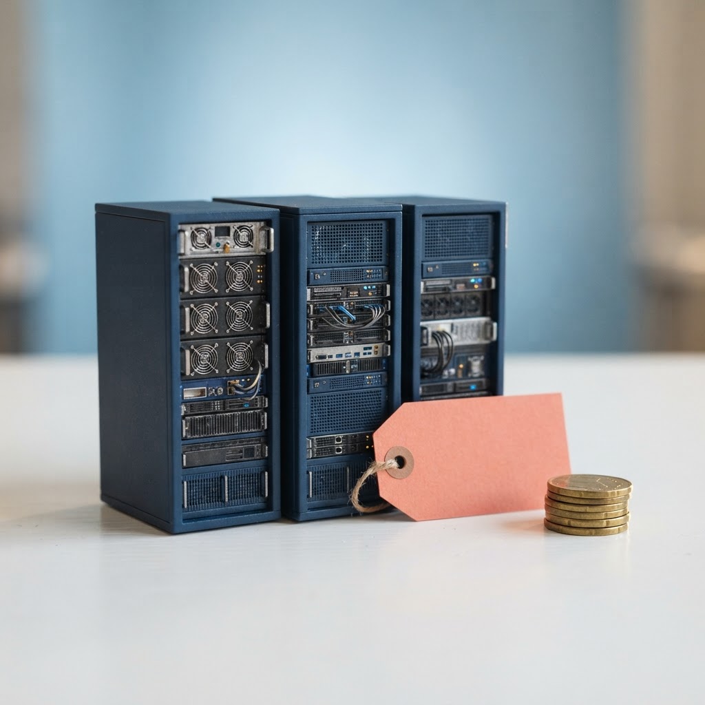 AI-generated illustration of server racks and an unmarked price tag representing hosting costs
