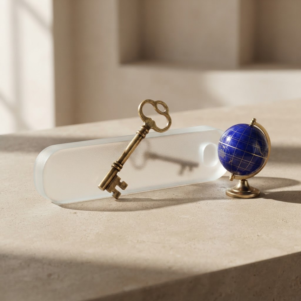 AI-generated illustration of a key and globe representing domain ownership