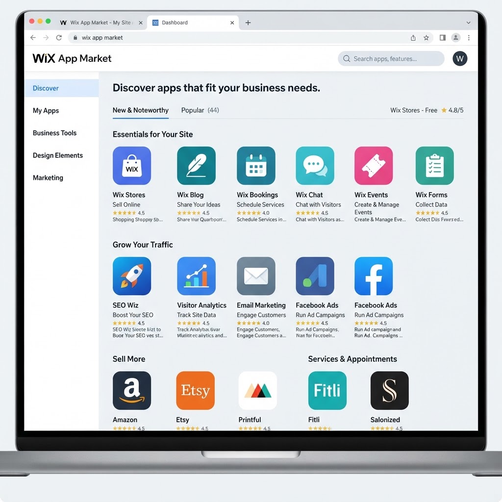 Wix App Market left sidebar icon and Business Solutions category showing apps like Stores, Bookings, and Blog