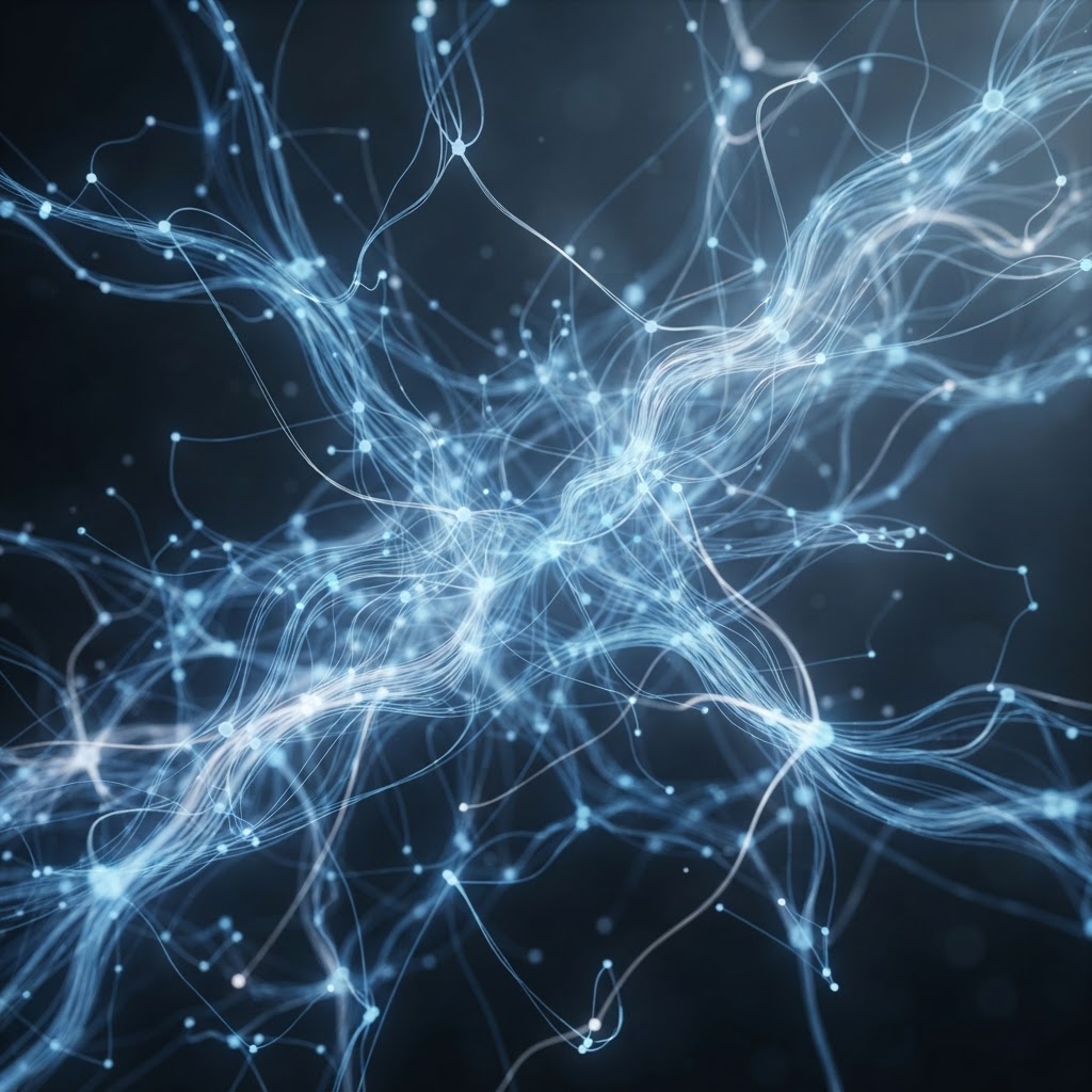 A sleek, abstract visualization of neural network pathways glowing in soft blue and white tones.