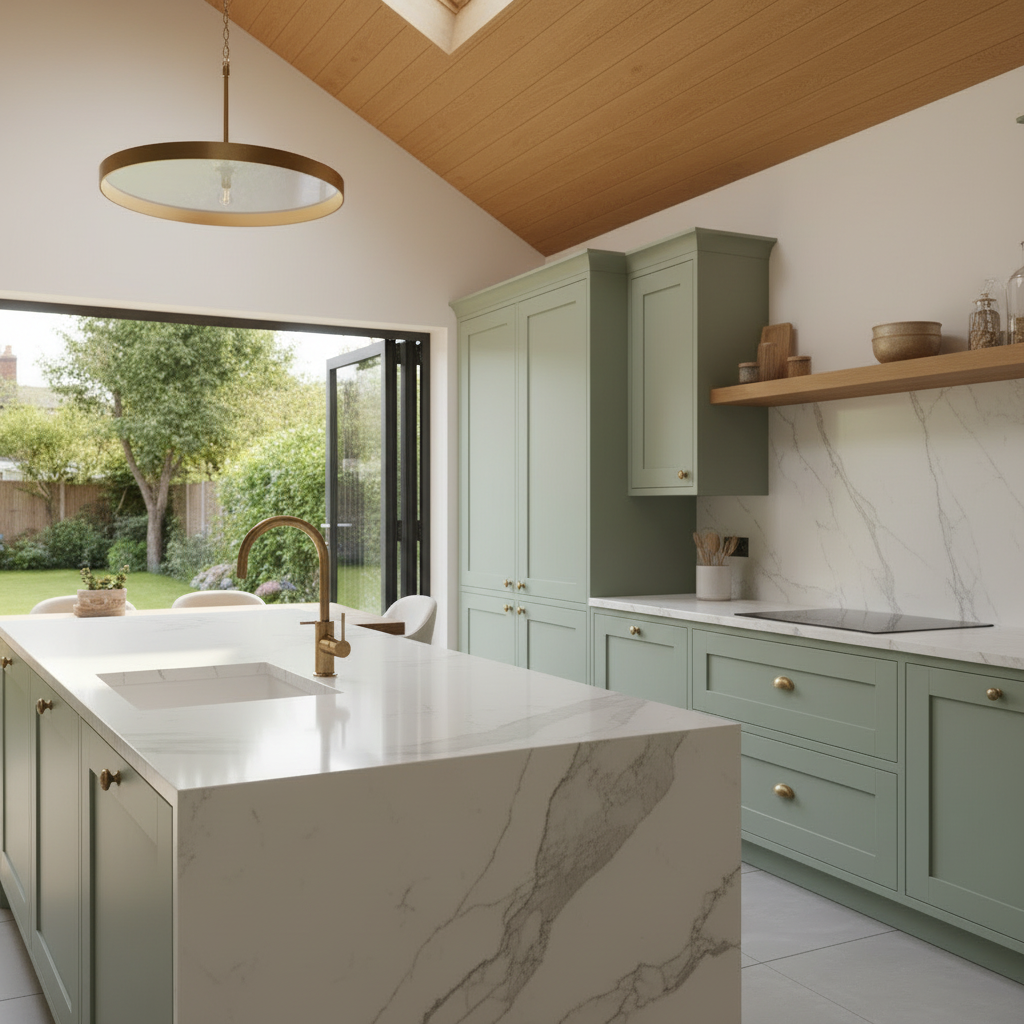 Kitchen counter and fixtures with marble island and brass tap — Orpington Rear Extension, Orpington, BR6