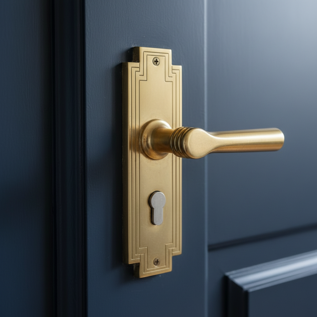 Restored art deco brass door handle on escutcheon plate — Dulwich Full Redesign, Dulwich, SE21