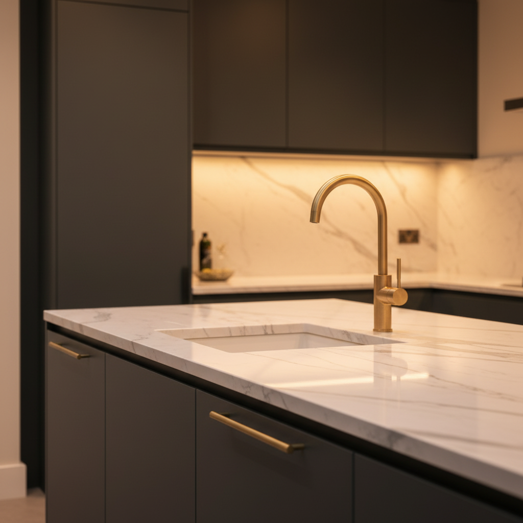 Kitchen counter and fixtures with dark grey cabinetry and marble worktop — Bexley Rear Extension, Bexley, DA5