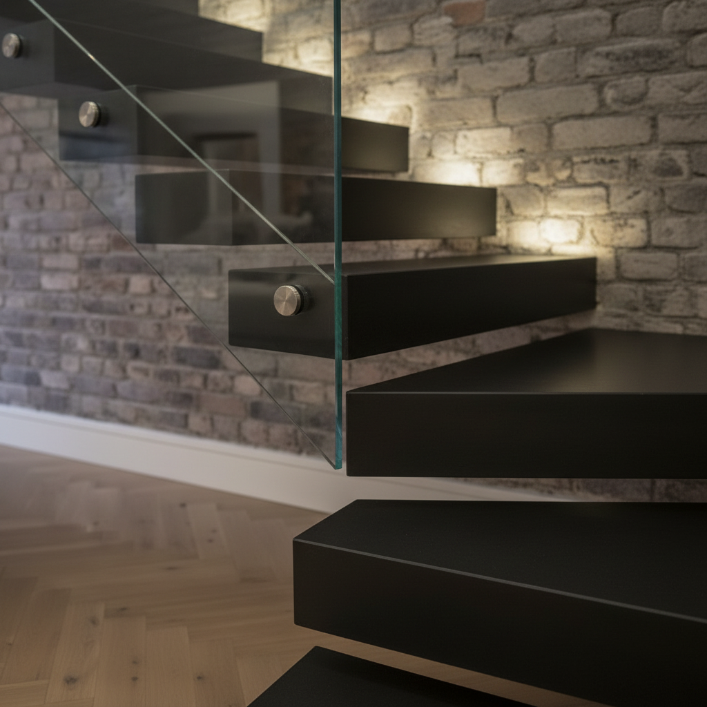 Staircase step macro detail with steel and oak tread and continuous handrail — Richmond Full Redesign, Richmond, TW9