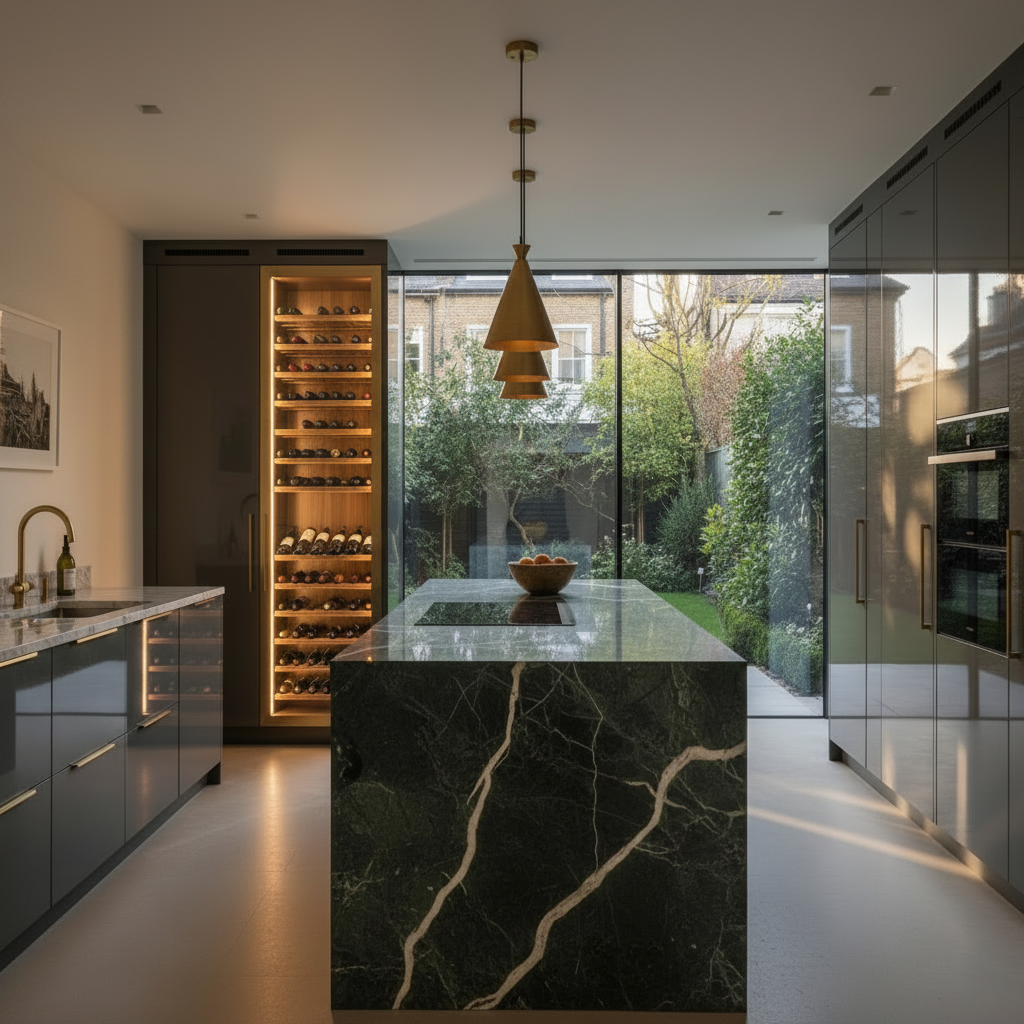 Kitchen looking through full-height bronze glazing to the garden — Chelsea Kitchen Extension, Chelsea, SW3