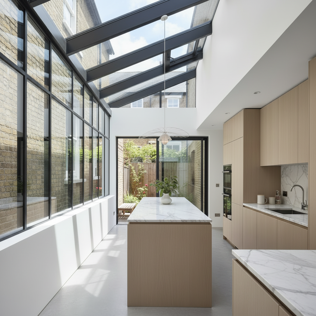 Side return looking toward the garden through end glazing — Fulham Side Return, Fulham, SW6