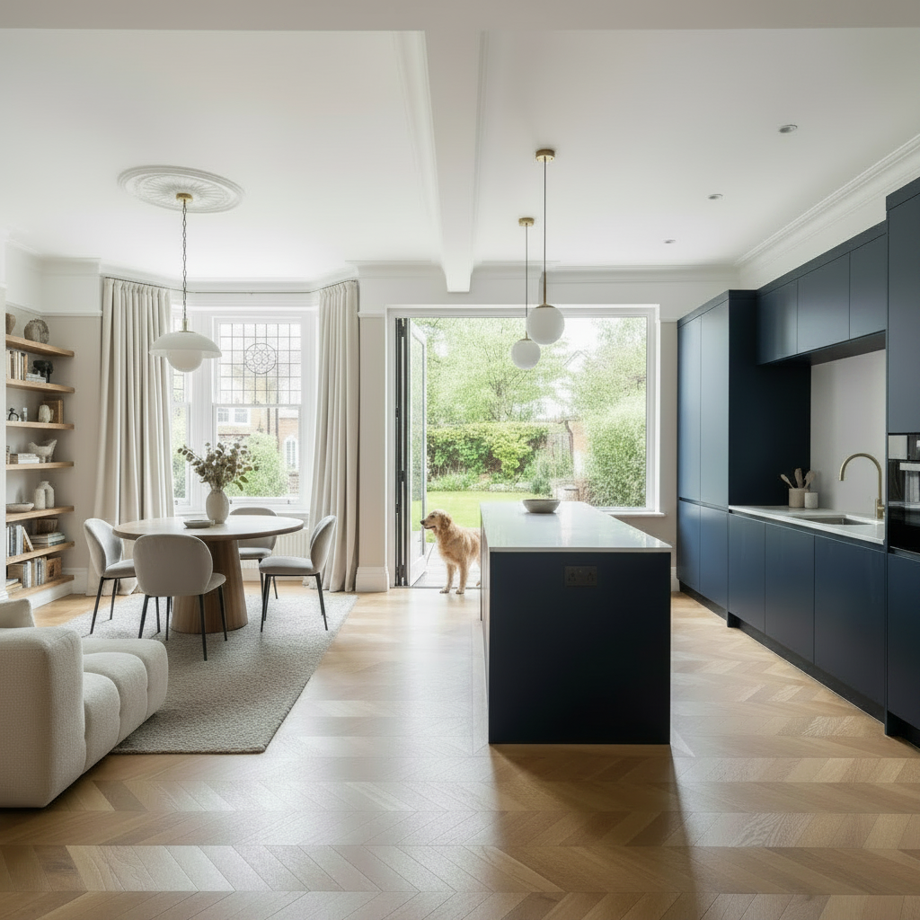 Kitchen-diner looking out through bi-fold doors to the garden — Dulwich Full Redesign, Dulwich, SE21
