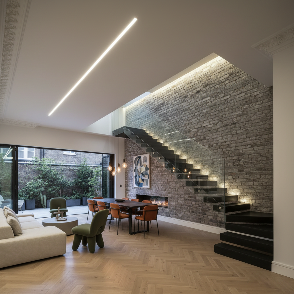 Living space looking out through steel-framed glazing to the garden — Richmond Full Redesign, Richmond, TW9