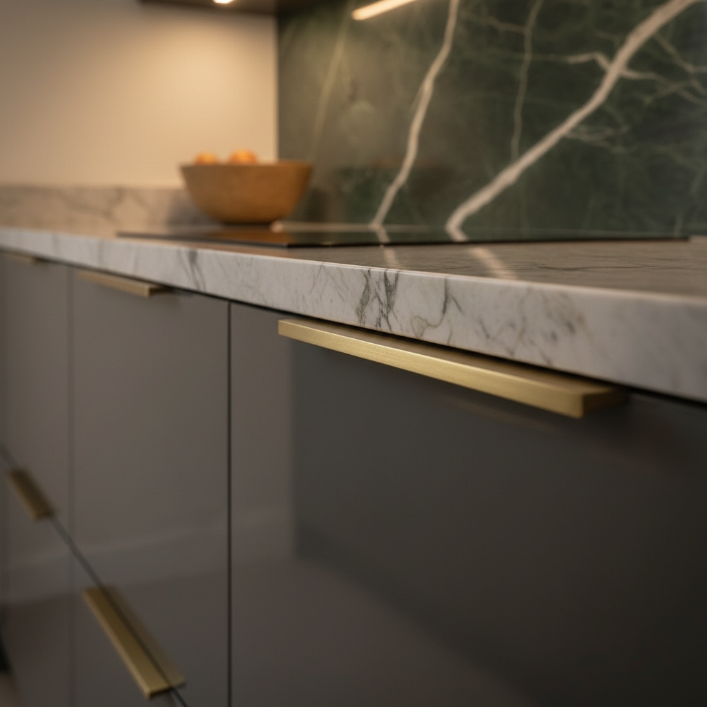 Brass handle on charcoal lacquer beside Verde Alpi marble — Chelsea Kitchen Extension, Chelsea, SW3