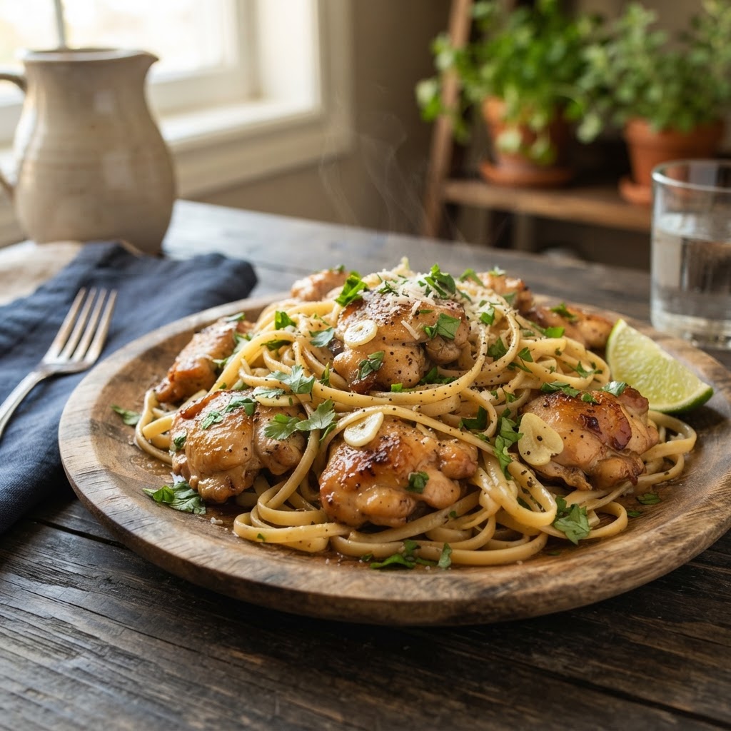 Pollo al Ajillo con Pasta