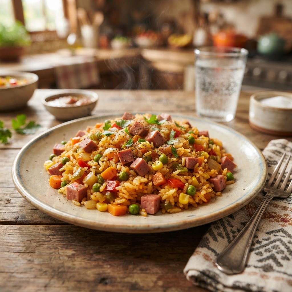 Arroz con Mortadela y Vegetales