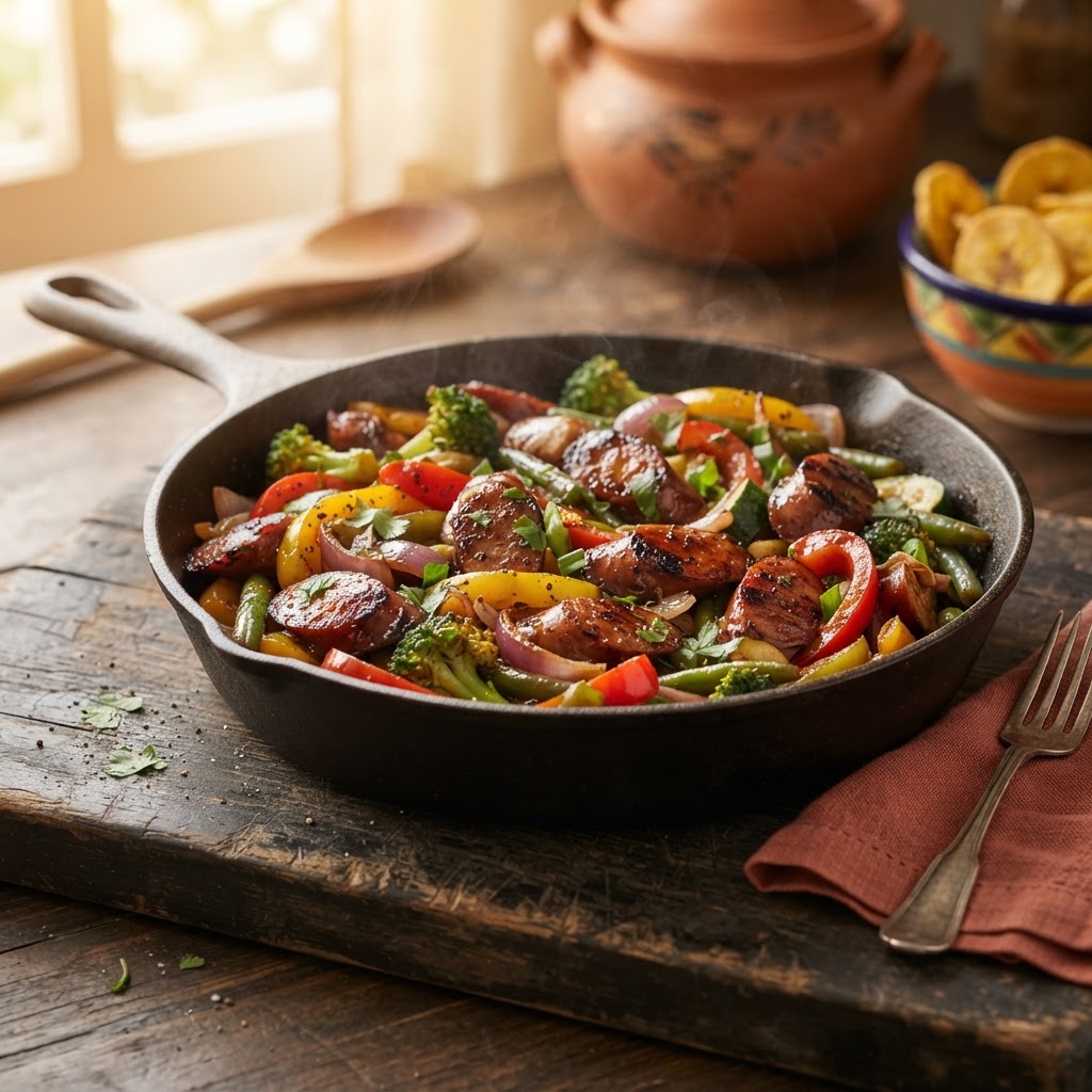 Salteado de Bratwurst con Vegetales