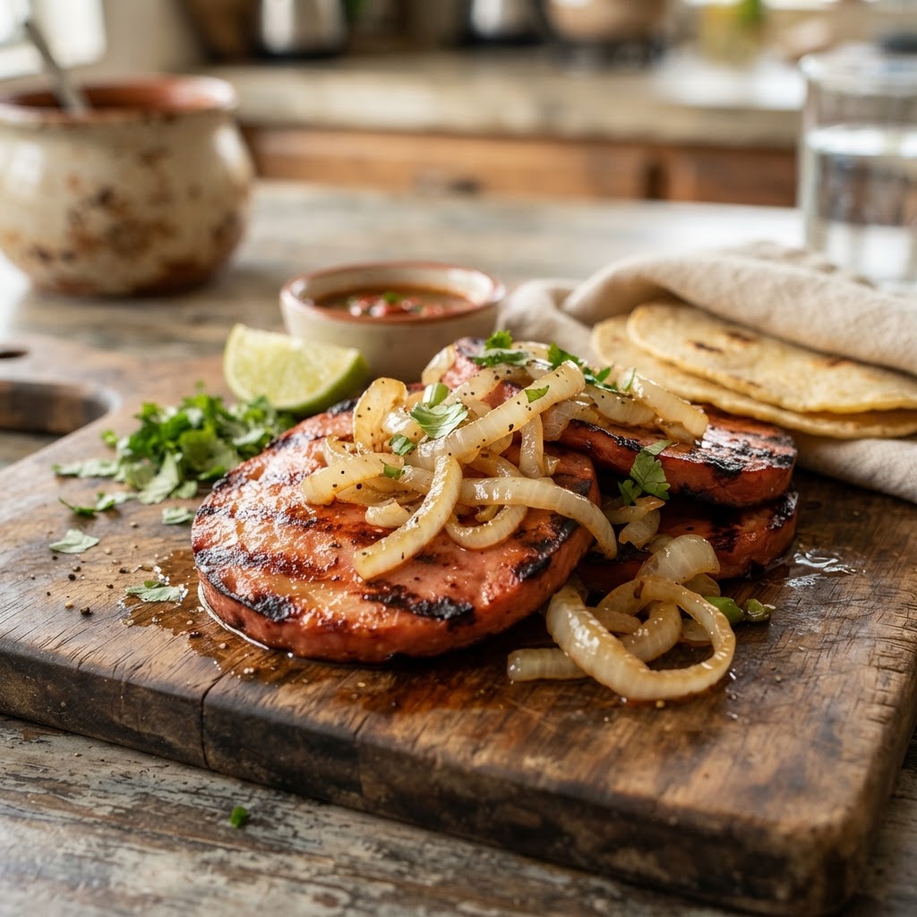 Mortadela a la Plancha con Cebollitas