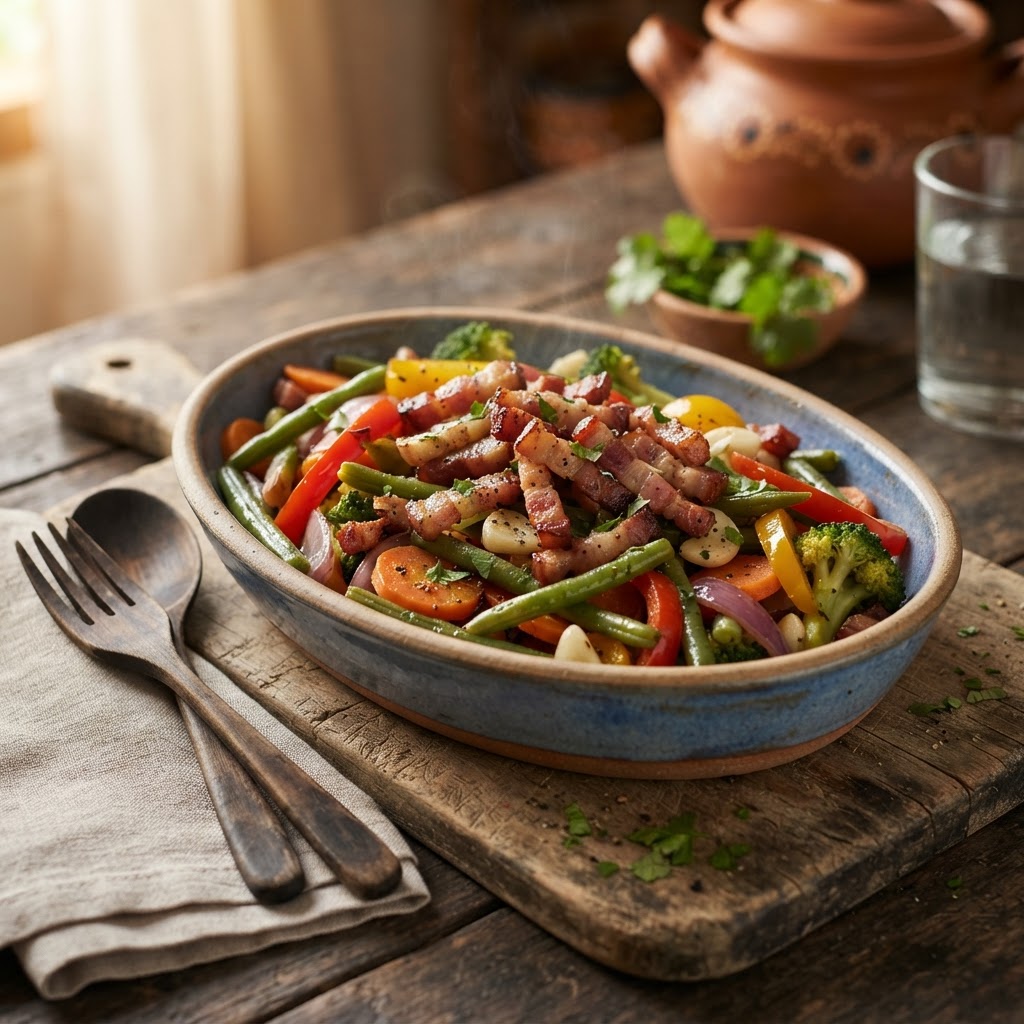 Vegetales Salteados con Tocino