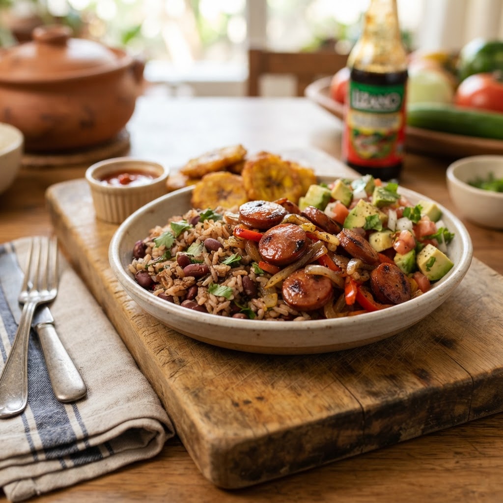 Salchichón con Arroz y Frijoles