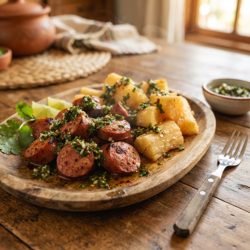 Salchichón con Yuca y Chimichurri