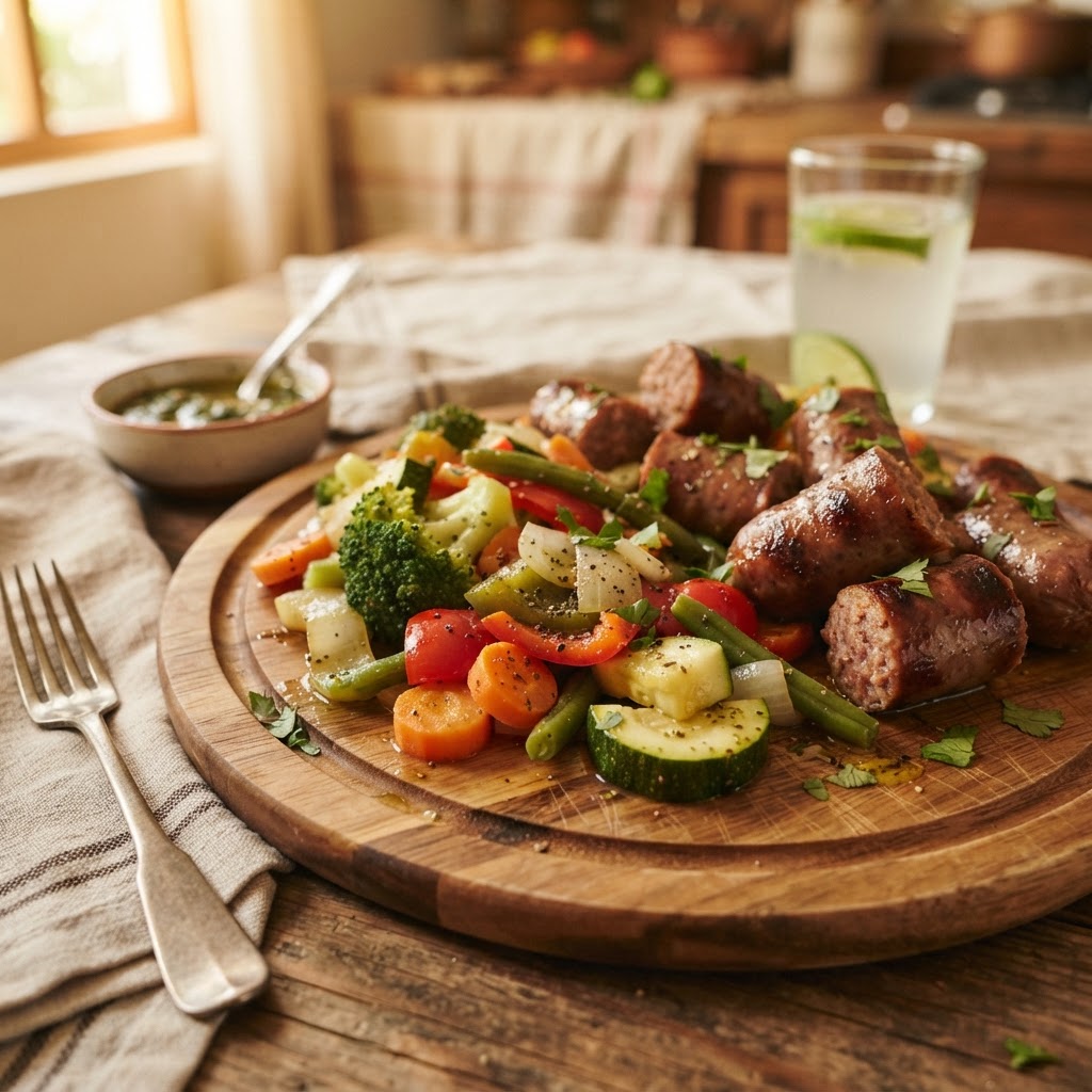 Salchichas al vapor con vegetales