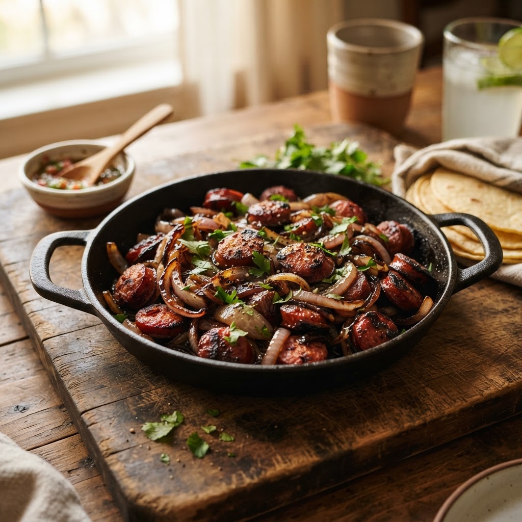 Salchichas Ahumadas con Cebollas Caramelizadas